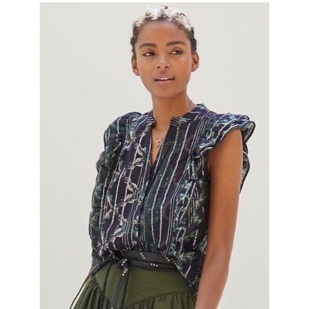 Pilcro and the Letterpress Metallic‎ Stripe Ruffle Sleeveless Blouse Top Small